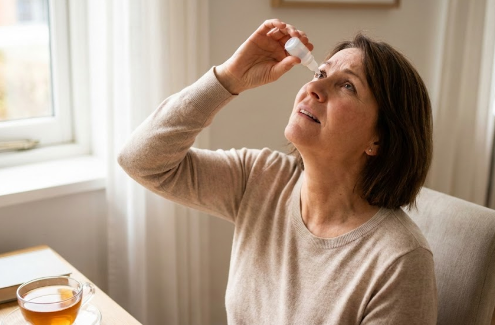 안구 건조증으로 인공 눈물 넣고 있는 중년 여성