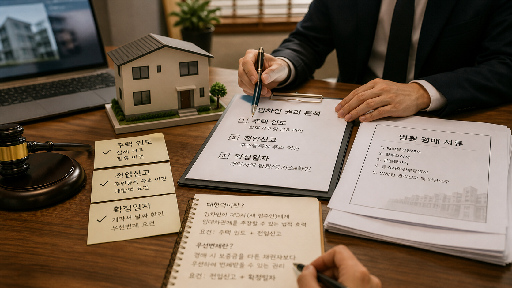 주택 인도와 전입신고를 법원 서류에서 확인하는 모습