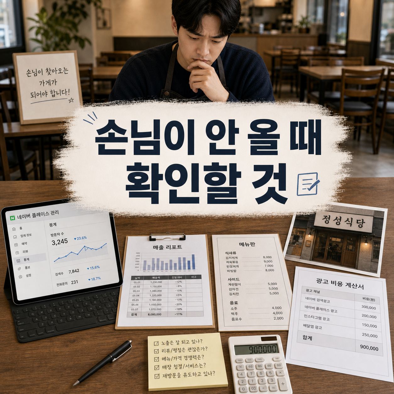 가게 오픈 후 손님이 안 올 때 광고비를 쓰기 전 간판 메뉴 가격 네이버 플레이스 리뷰를 확인하는 사장님 이미지