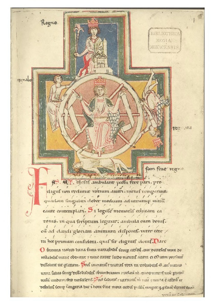 <카르미나 부라나>의 가사 출처인 Codex Buranus 필사본 (Fortuna 이미지, ‘운명의 수레바퀴’ 상징)