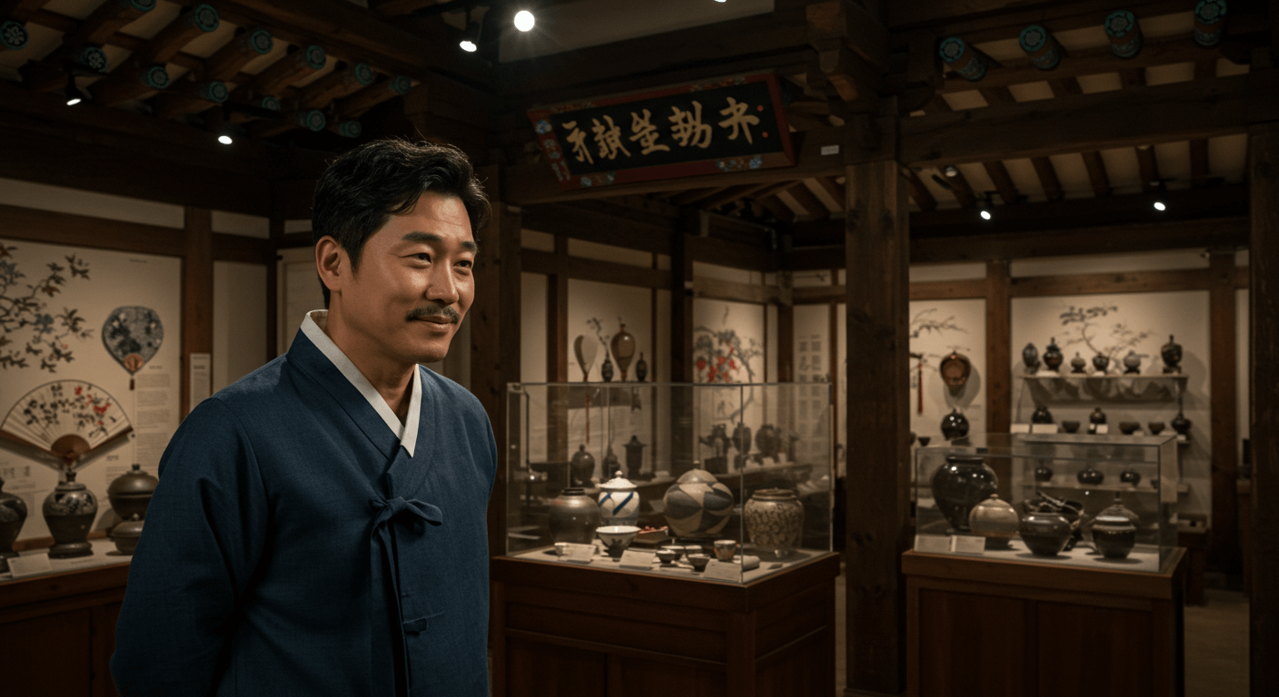 한국 공예의 역사와 의미를 설명하는 장면, 전통 공예품이 전시된 공간 1