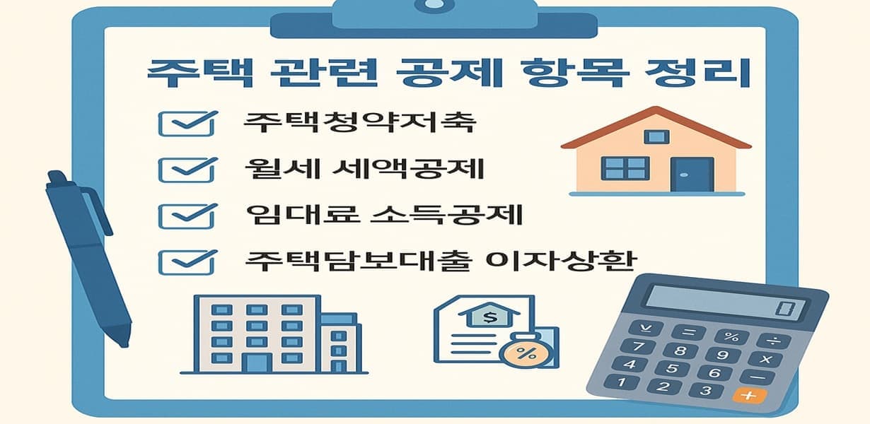 주택청약저축, 월세 세액공제, 임대료 소득공제, 주택담보대출 이자상환 등 주택 관련 공제 항목을 요약한 체크리스트와 주택 아이콘