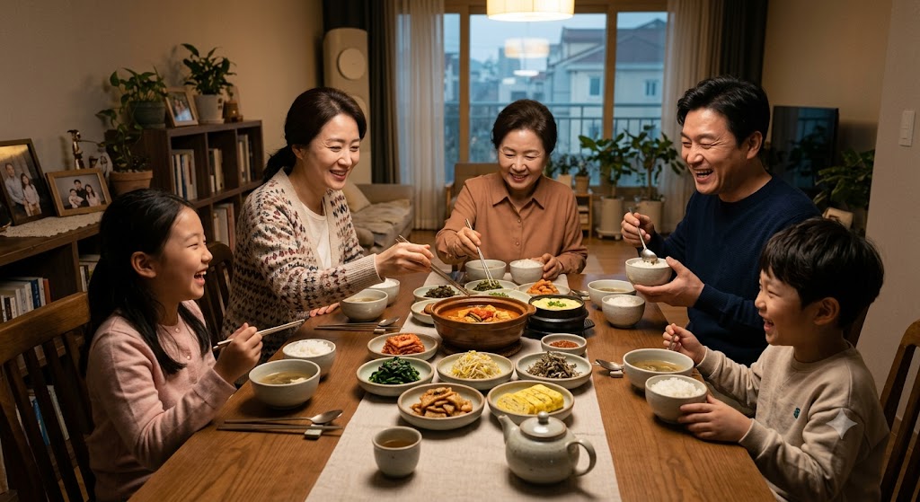 저녁 시간, 은은하고 따뜻한 조명 아래 온 가족이 모여 앉아 정갈하게 차려진 집밥을 즐겁게 나누는 행복한 모습. 식탁 위에는 갓 지은 밥과 찌개, 정성스런 밑반찬들이 조화롭게 차려져 있으며, 외식을 줄이고 집밥을 통해 경제적 안정과 가족의 화목을 동시에 챙기는 시네마틱 8k 라이프스타일 사진.