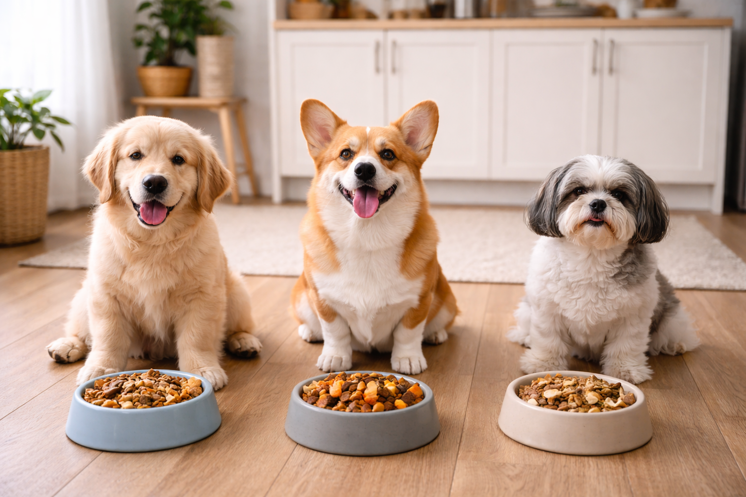 각기 다른 연령대의 강아지들과 그 나이에 맞는 식사를 앞에 둔 사진