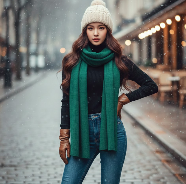 모자 목도리 장갑을 한 20대 여성