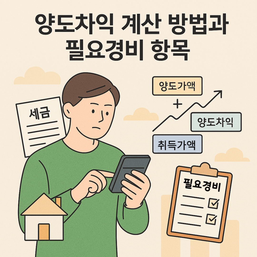 양도차익계산을 계산하는 남성과 양도차익 계산방법과 필요경비에 대한 글제목이 적힌 썸네일