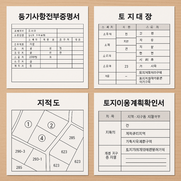 토지 관련 증빙서류: 등기사항전부증명서, 토지대장, 지적도, 토지이용계획확인서