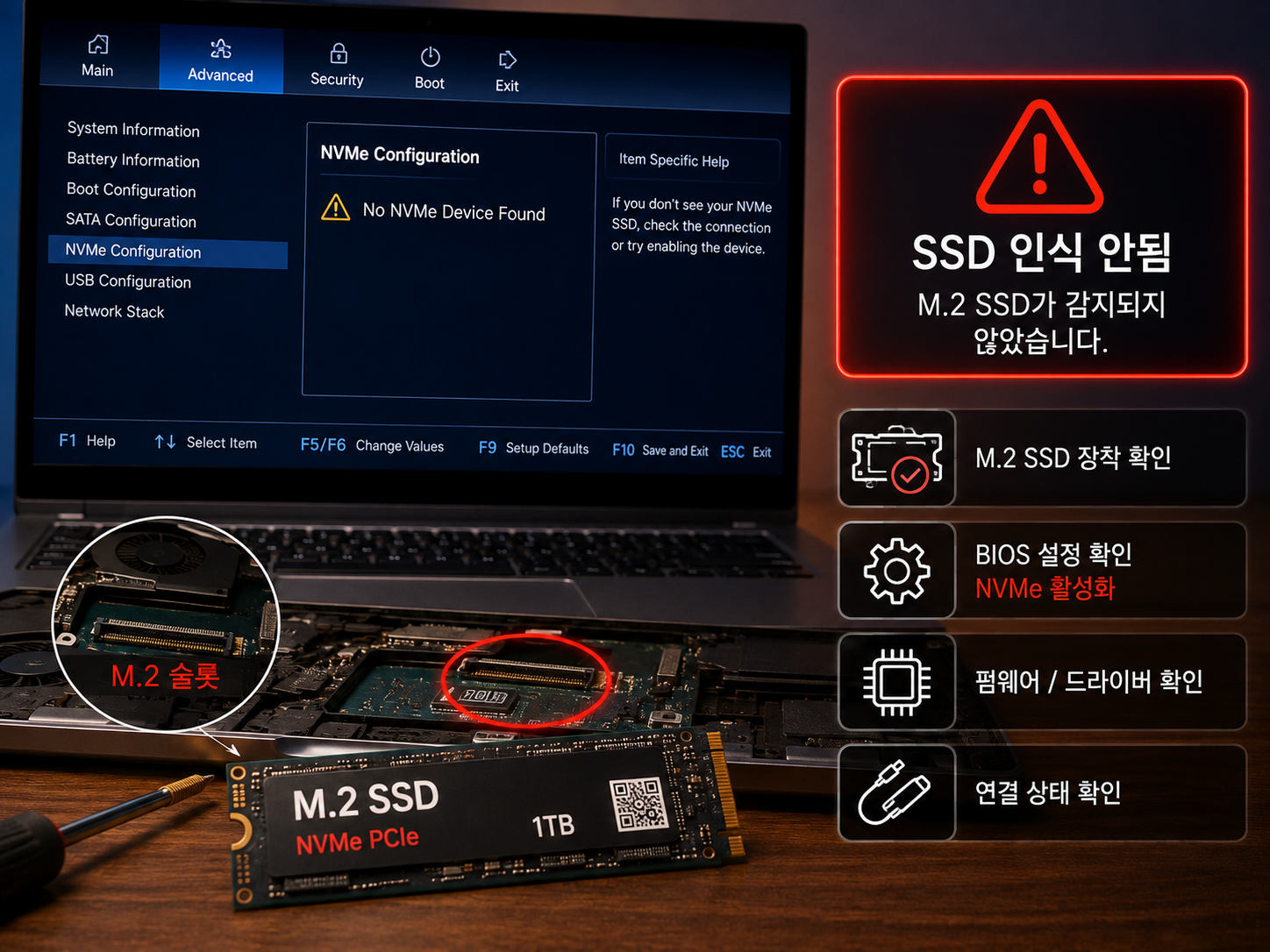 노트북 M.2 SSD 새로 장착 후 인식 안됨 해결방법 총정리 SSD 신규 장착 BIOS 인식 안됨 디스크 관리 안뜸 원인