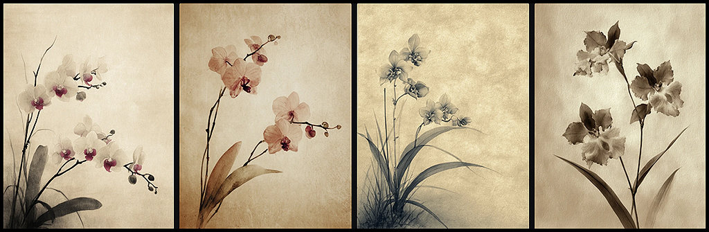 한국 수묵화 프롬프트 템플릿을 활용해 '난초' 키워드로 생성한 수묵화 이미지 _Midjourney