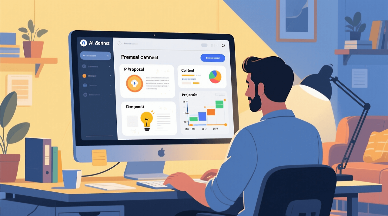프리랜서가 AI 에이전트를 활용해 제안서, 콘텐츠 아이디어, 일정 관리를 동시에 처리하는 홈오피스 일러스트