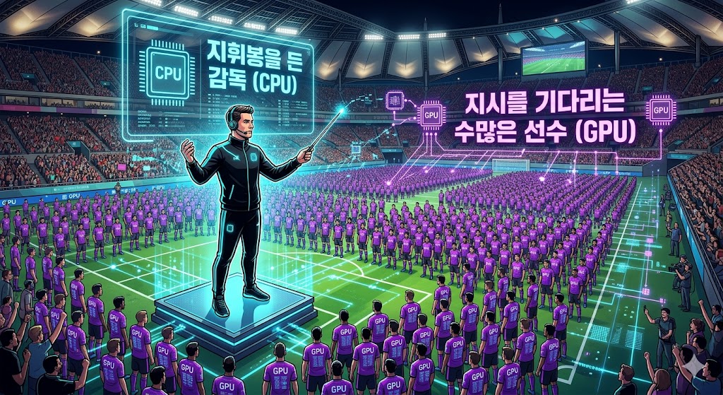 축구 경기장에서 지휘봉을 든 감독(CPU)과 그 지시를 기다리는 수많은 선수(GPU)들을 형상화한 일러스트