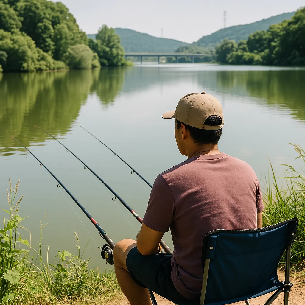 강가에서 낚싯대를 드리운 남성의 붕어낚시 모습