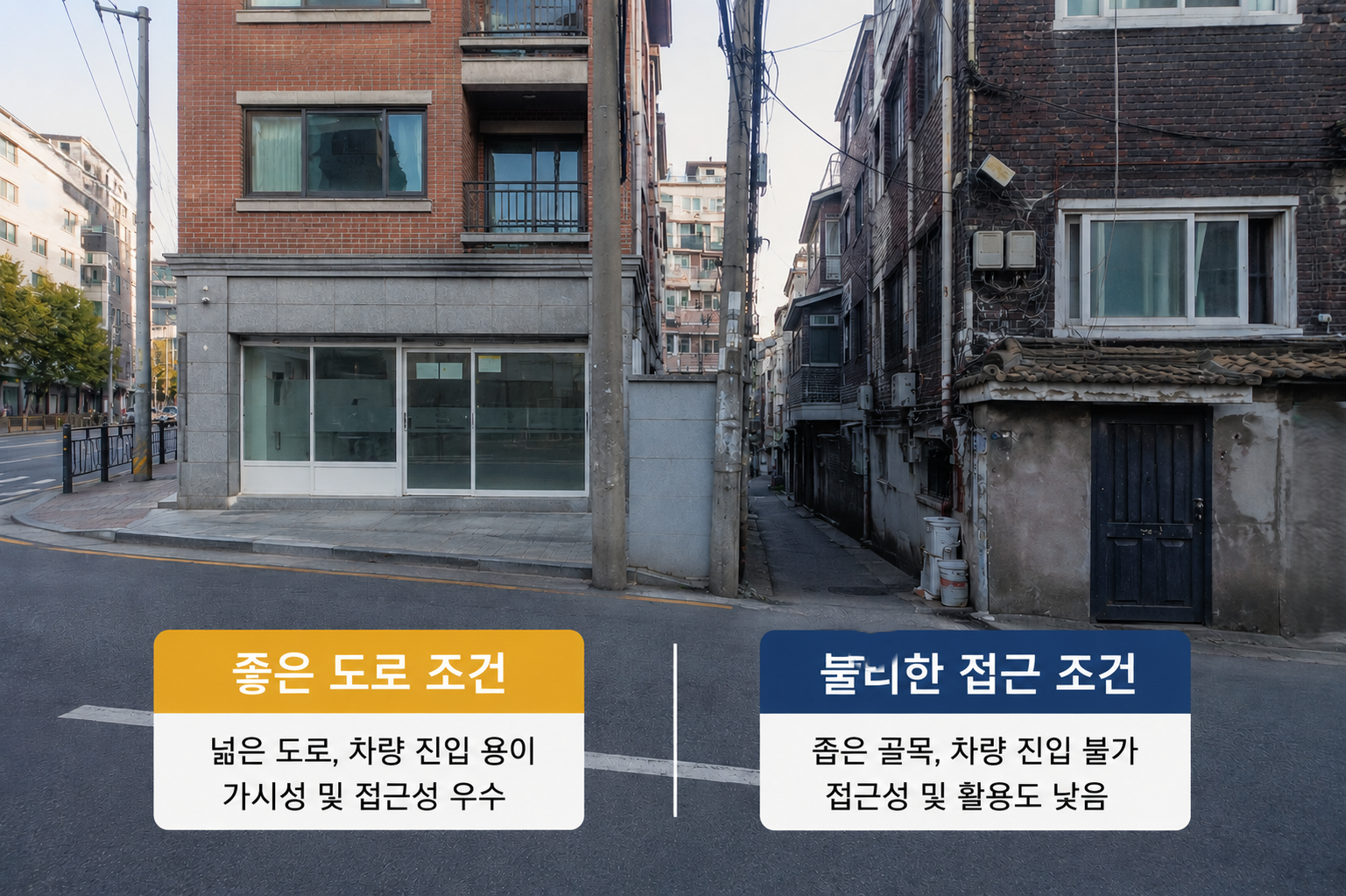 재개발 구역 빌라 골목 — 도로 접면 양호한 건물과 맹지·골목 안쪽 건물 비교, 감정평가 가점·감점 요인 시각화