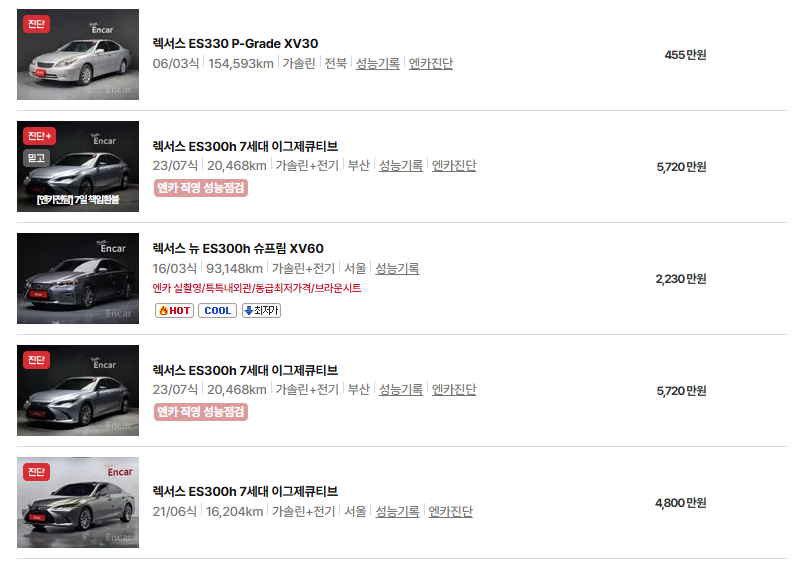 렉서스 ES300h 중고차 가격 시세표 연비