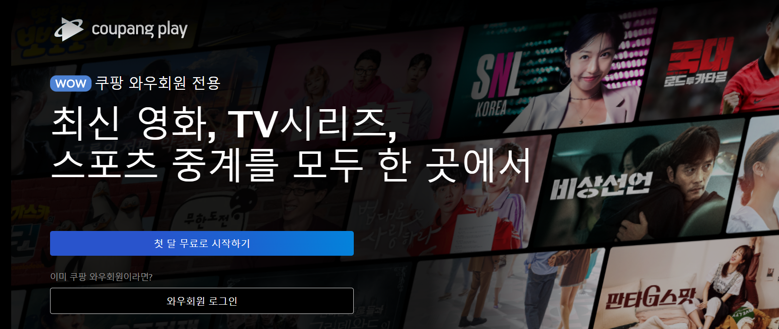 쿠팡플레이의 홈 화면 모습