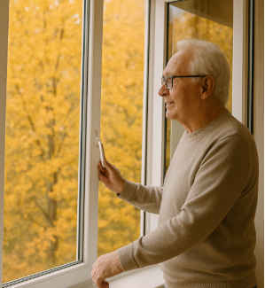 노인이 창문을 열어 환기를 시키는 모습