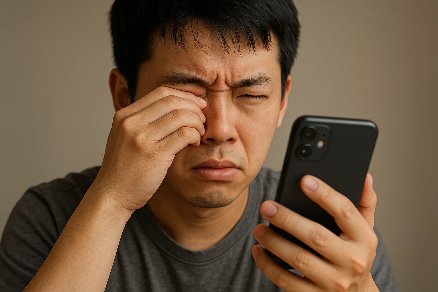 스마트폰을 오래 본 후 눈을 비비며 건조함을 느끼는 사람, 초점이 흐려져 눈을 가늘게 뜨는 장면