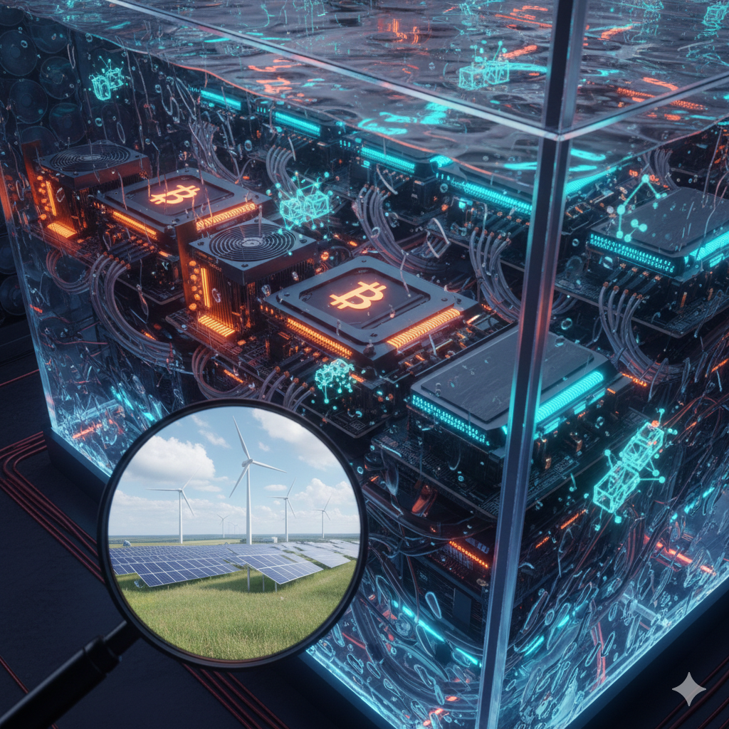 액침 냉각 탱크 내부를 높은 각도에서 내려다본 상세 컷이에요. 푸른빛 액체가 가득 찬 탱크 속으로 주황색 비트코인 로고가 새겨진 고성능 GPU 연산 장치들이 정교하게 정렬되어 작동 중이에요. 장치들 사이로는 복잡한 데이터 전송을 의미하는 광섬유 케이블과 디지털 회로망이 시각화되어 있으며, 화면 하단 돋보기 프레임 속에는 푸른 하늘 아래 가동 중인 풍력 발전기와 태양광 패널이 대조적으로 담겨 있어 지속 가능한 고성능 컴퓨팅(HPC) 인프라의 핵심을 잘 보여줘요.