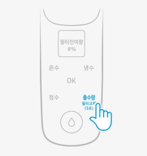 1단계 - 메인 출수구의 출수량(필터교체) 버튼 누르기