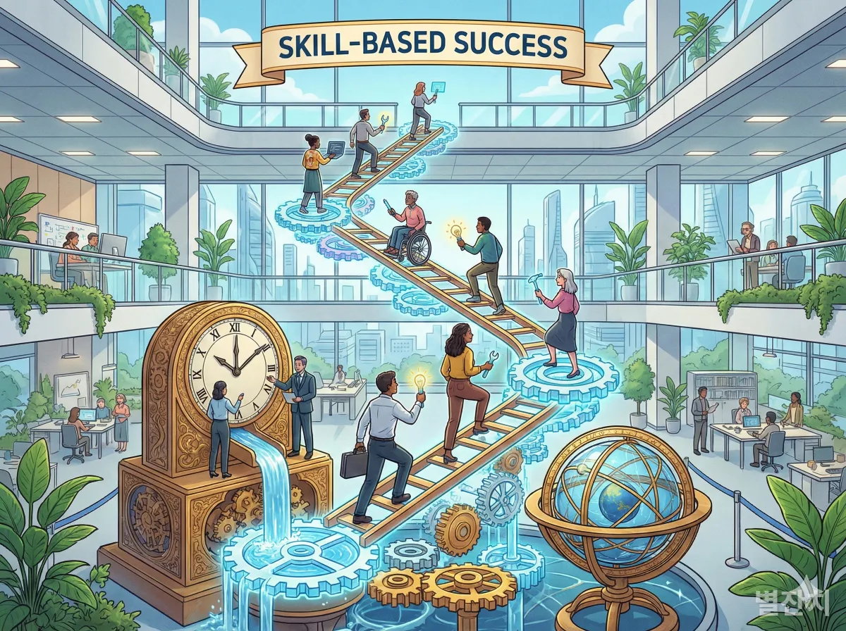 장영실의 발명품이 현대적인 사무실 배경에 통합되어 있으며, 배경과 상관없이 능력에 따라 성공의 사다리를 오르는 개념적인 일러스트