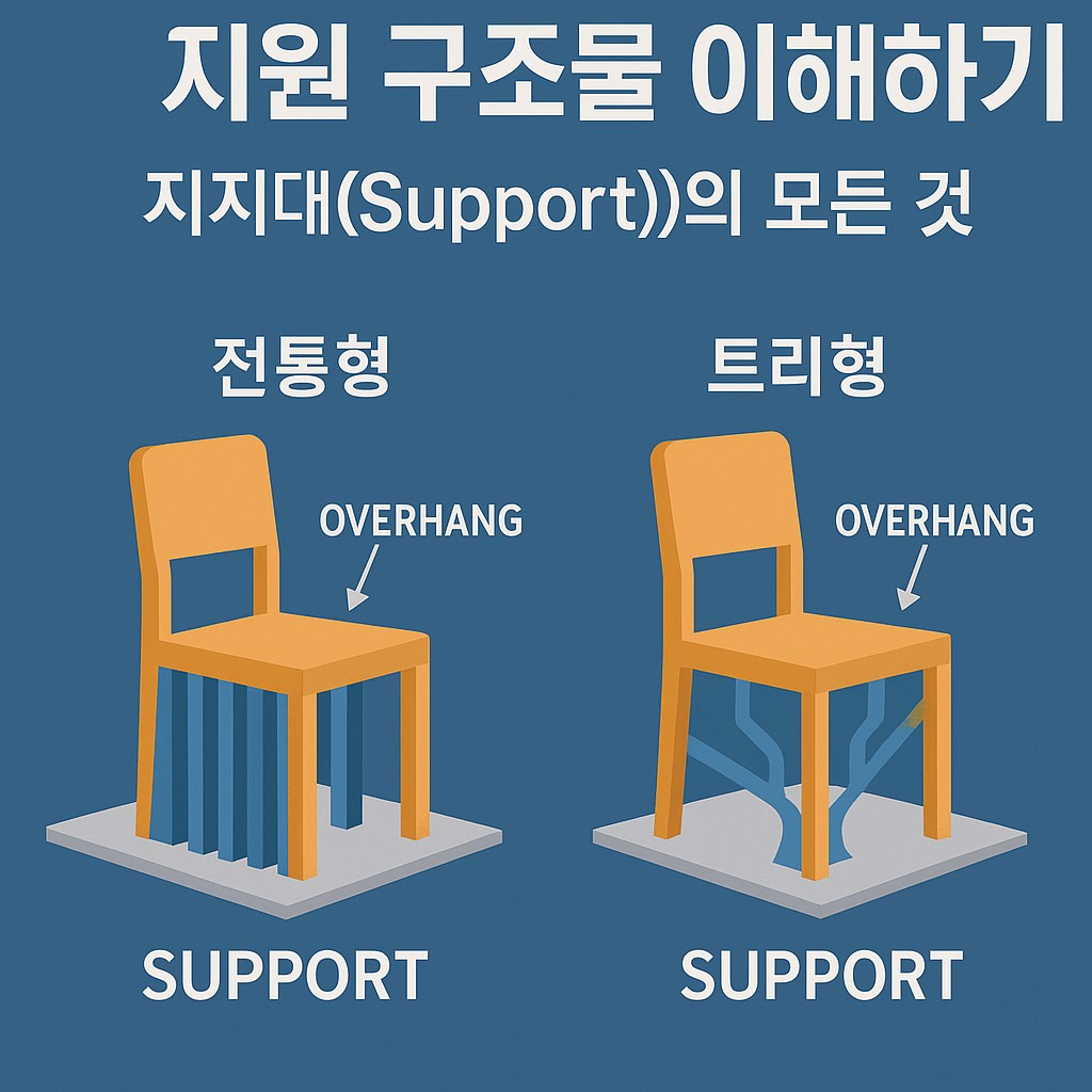 3D 프린터 지지대 종류와 역할을 설명하는 교육용 인포그래픽