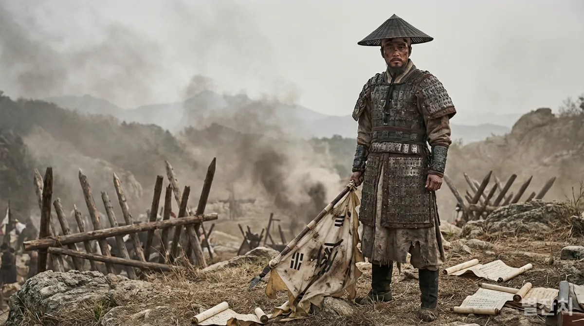 어려운 상황 속에서도 굳건히 서 있는 한국 역사 속 인물의 결연한 모습.