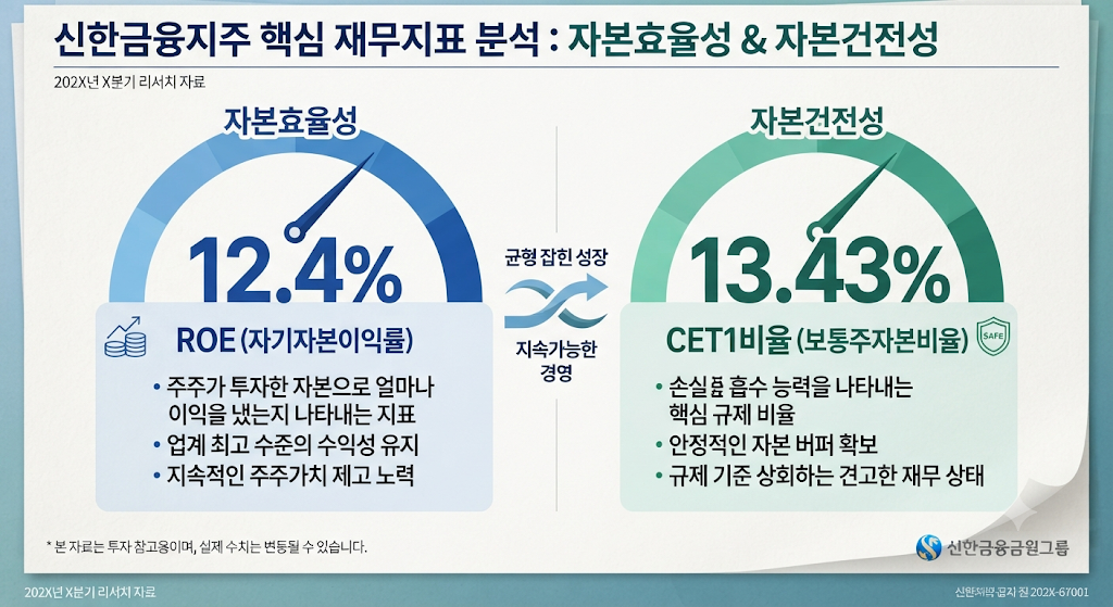 신한지주의 ROE와 CET1비율을 함께 보여주는 자본효율성과 자본건전성 분석 이미지