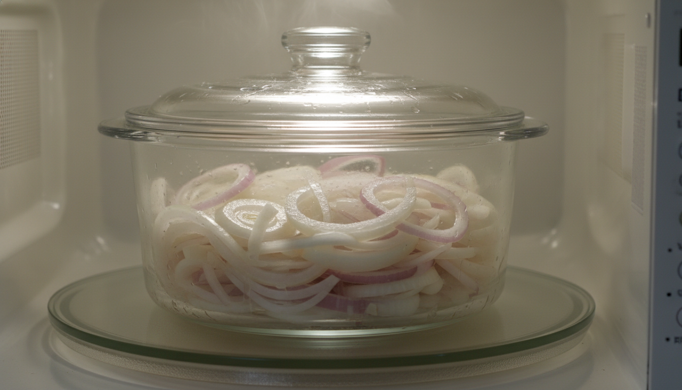 채 썬 양파를 전자레인지 찜기에 넣고 찌고 있는 모습