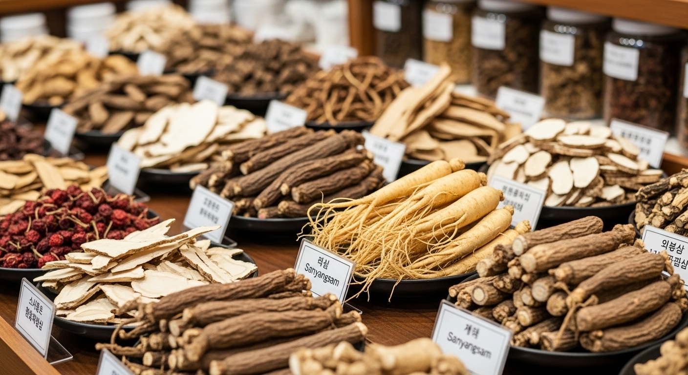 전통 한약방에서 진열된 신선하고 다양한 산양삼 뿌리들. 좋은 산양삼을 고르는 기준과 전문성을 나타내는 이미지입니다.