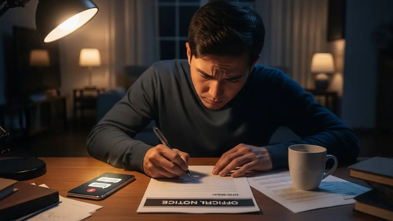 집주인의 전세금 미반환 통보 문자를 보고 충격에 빠진 세입자가 내용증명을 작성하는 모습