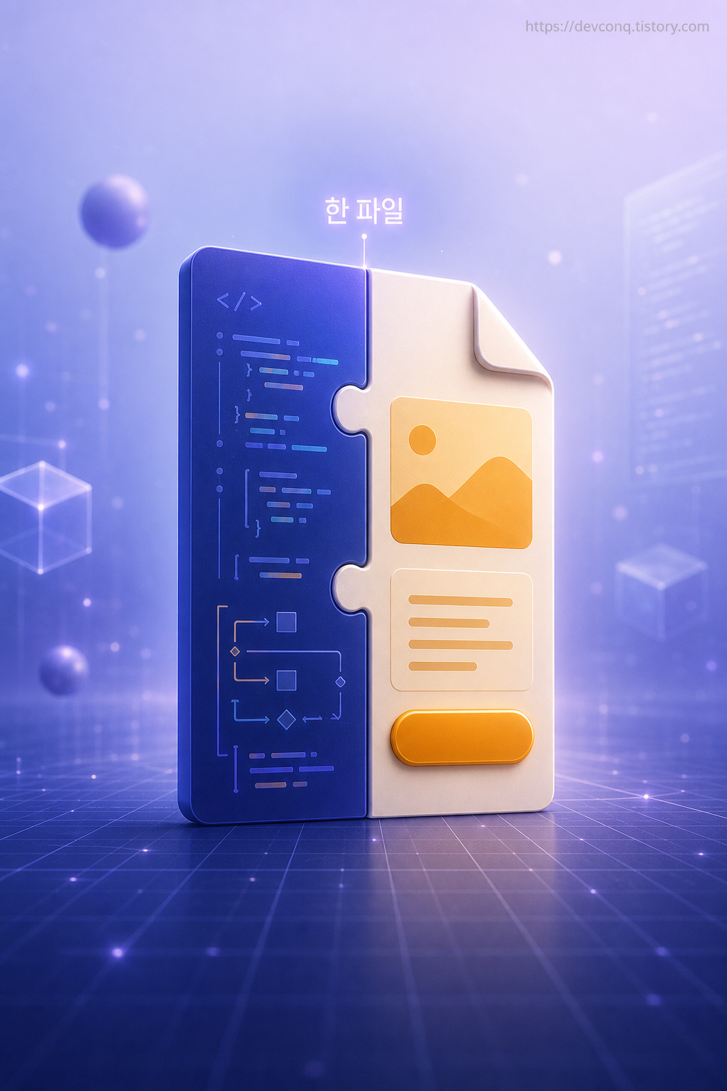 자바스크립트 코드 블록과 HTML 화면 조각이 하나의 파일 안에서 맞물려 있는 개념 이미지