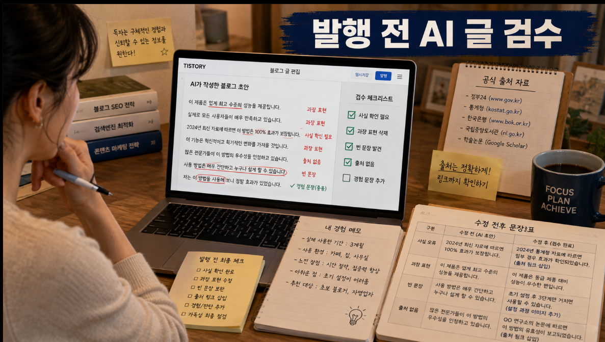 티스토리 블로거가 AI 초안의 사실 오류 과장 표현 빈 문장을 검토하고 공식 출처와 경험 문장을 보강하는 이미지