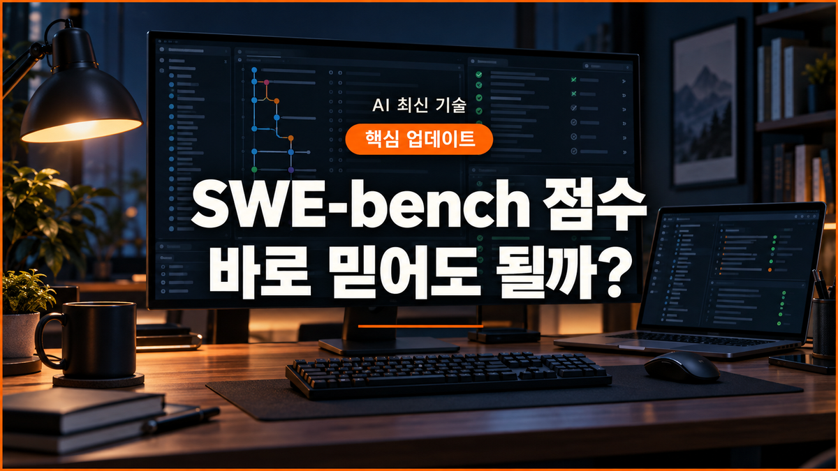 대표 이미지: SWE-bench 점수와 코딩 에이전트 신뢰성 평가를 표현한 개발 작업 공간