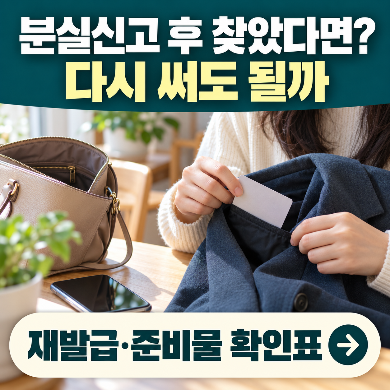 가방 옆에서 외투 주머니에 있던 카드를 다시 꺼내 확인하는 모습.
