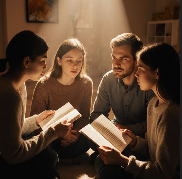 따뜻한 조명 아래에서 가족들이 원형으로 둘러앉아 서로 이야기를 나누고 있는 모습이다. 얼굴 표정은 진지하지만 따뜻하게 서로 경청하는 자세를 보여주고 있다.