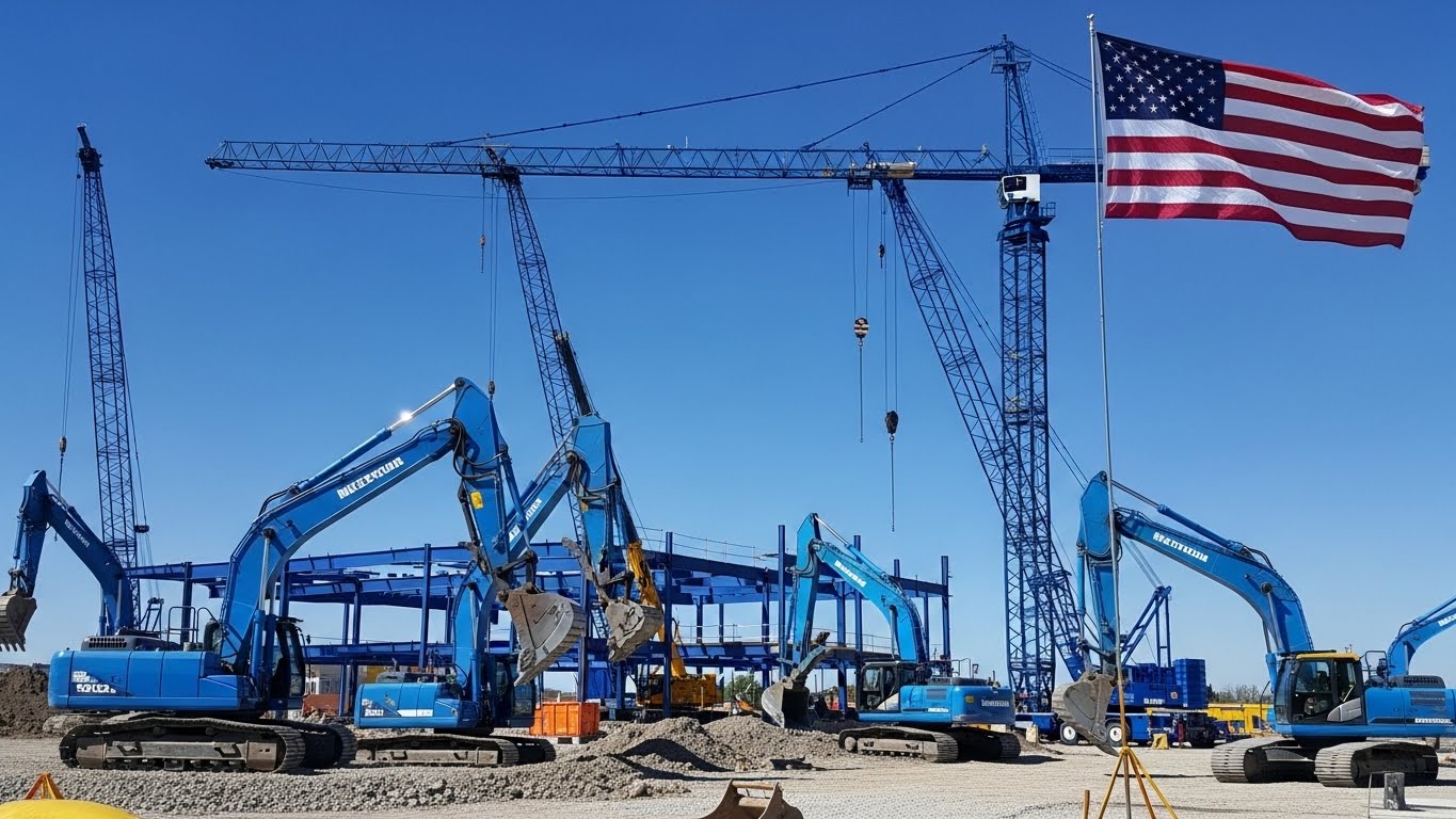 American construction site with excavators and cranes under a clear sky, American flag waving, Blue theme.