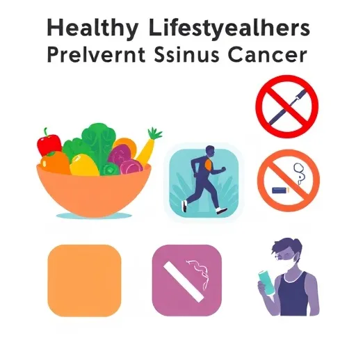건강한 식단(신선한 과일, 채소), 규칙적인 운동, 금연, 유해 물질 마스크 착용 등 부비동암 예방에 도움이 되는 생활 습관들을 각각의 아이콘으로 시각화합니다.