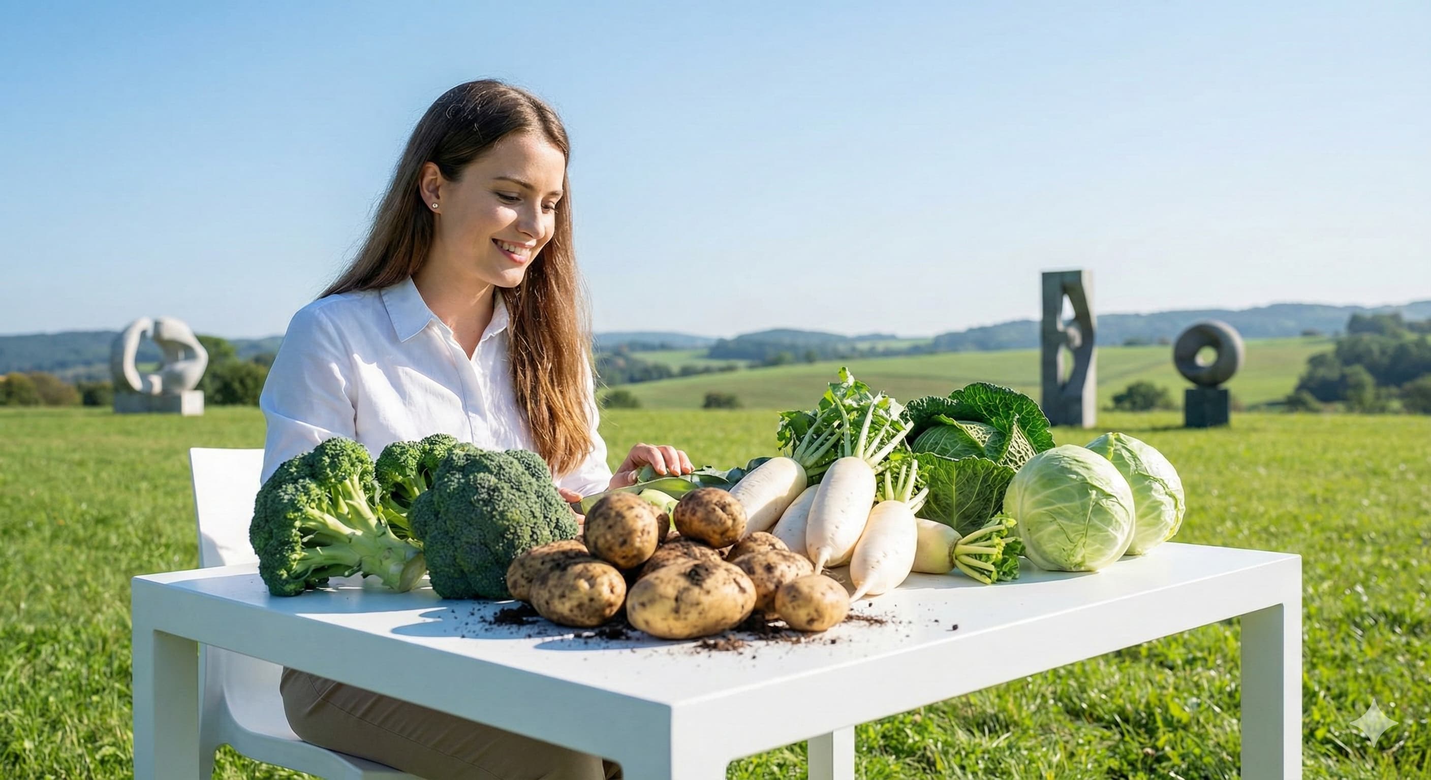 브로콜리, 감자, 무 등 위에 좋은 음식들이 차려진 야외 테이블과 건강한 여성
