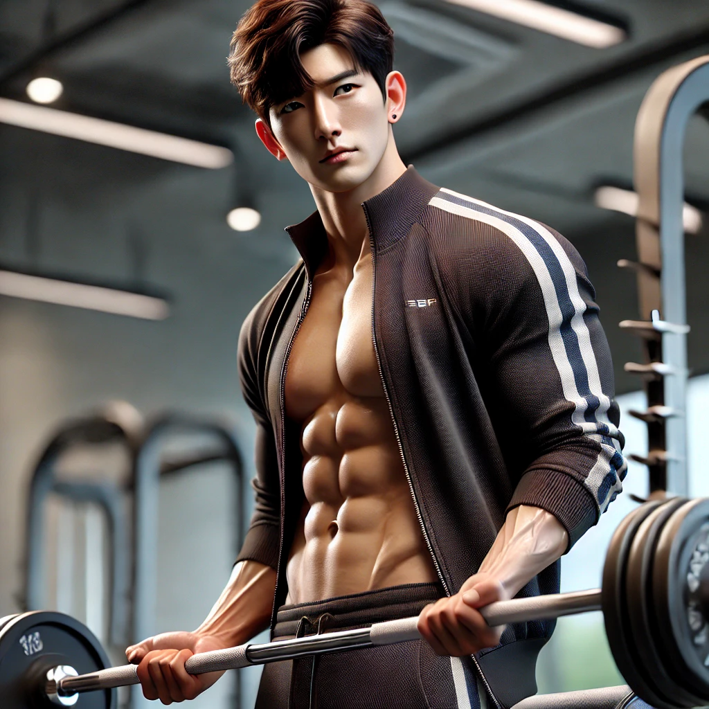 바벨컬을 하는 한국 남성, 추리닝을 입은 운동하는 남자, 헬스장에서 웨이트 트레이닝하는 모습, 근육질의 한국 남성 피트니스 이미지