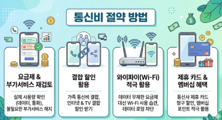 통신비 절약 방법 4가지를 설명하는 깔끔한 인포그래픽 이미지