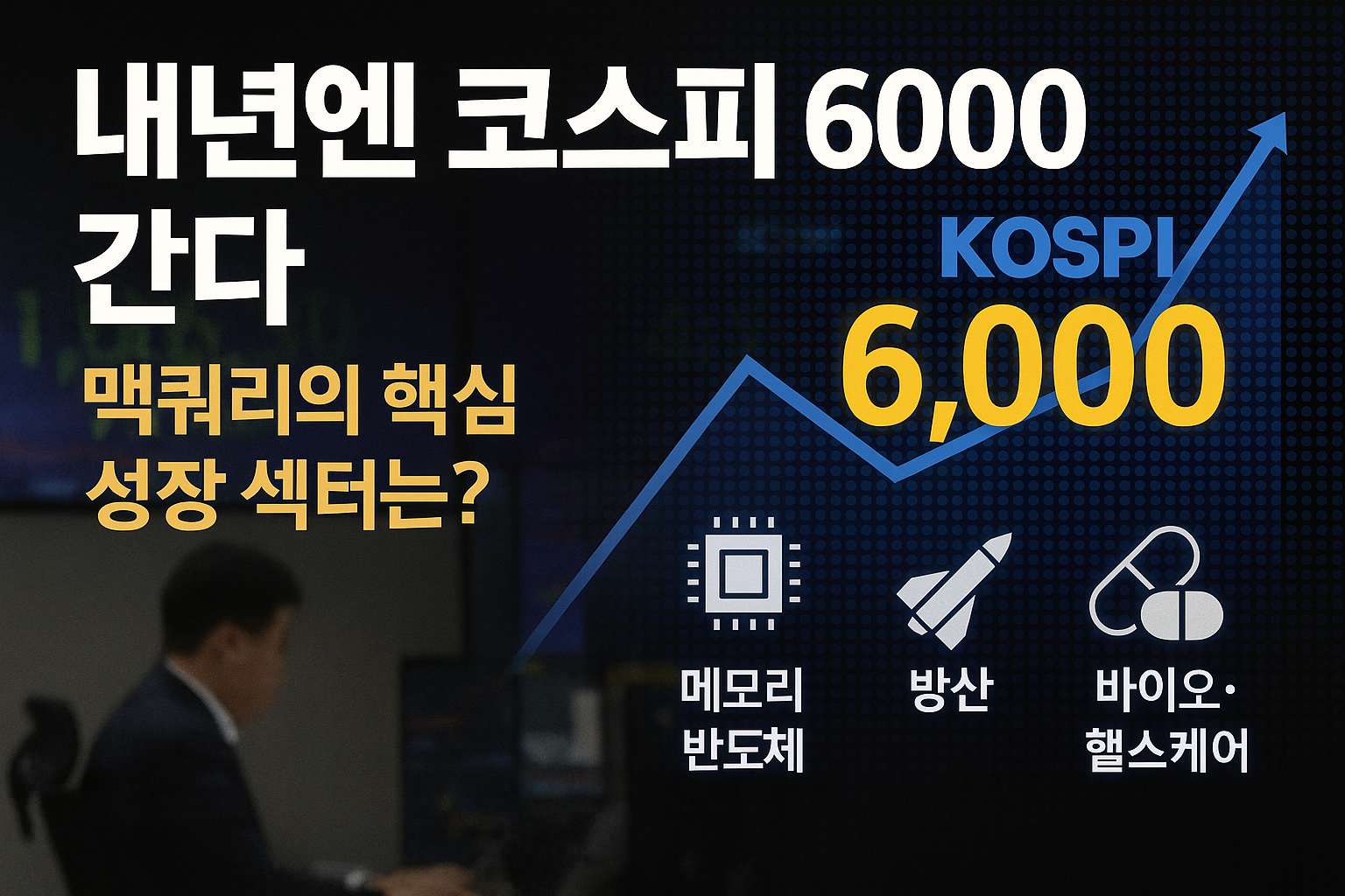 &ldquo;내년에 코스피 6000 전망을 제시하며 맥쿼리가 선정한 핵심 성장 섹터를 강조한 금융 뉴스형 썸네일 이미지&rdquo;