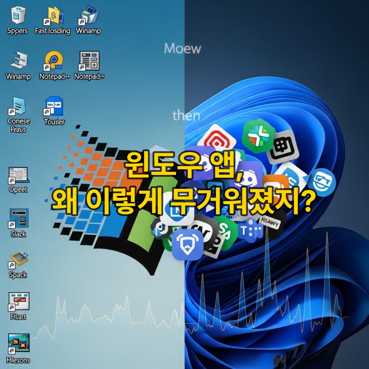 옛날 윈도우 앱과 2025년의 무거운 웹 기반 앱을 대조하여 보여주는 이미지. 과거의 아이콘은 가볍고 빠르며, 현재의 아이콘은 복잡하고 시스템 자원을 많이 소비하는 듯한 모습이다.