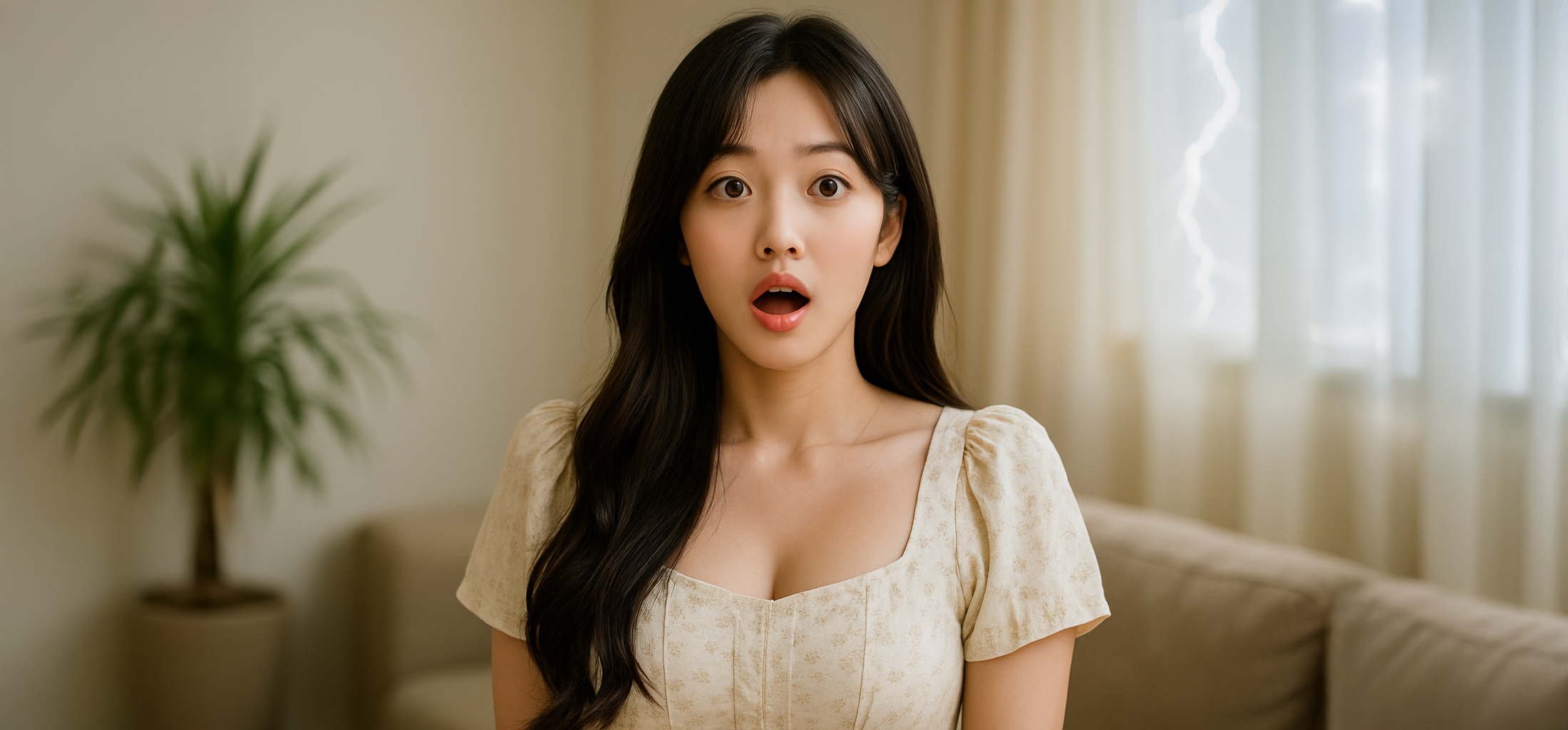 천둥 번개에 놀란 여성