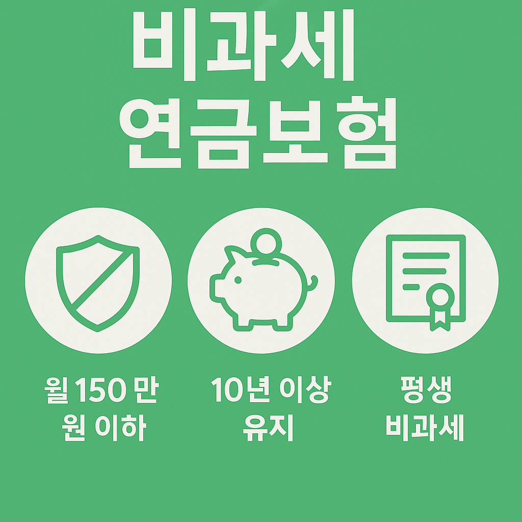 월 150만원 이하, 10년 이상 유지, 평생 비과세 조건을 충족할 경우 세금 혜택을 받을 수 있는 연금보험 절세 전략을 설명하는 금융 정보 이미지