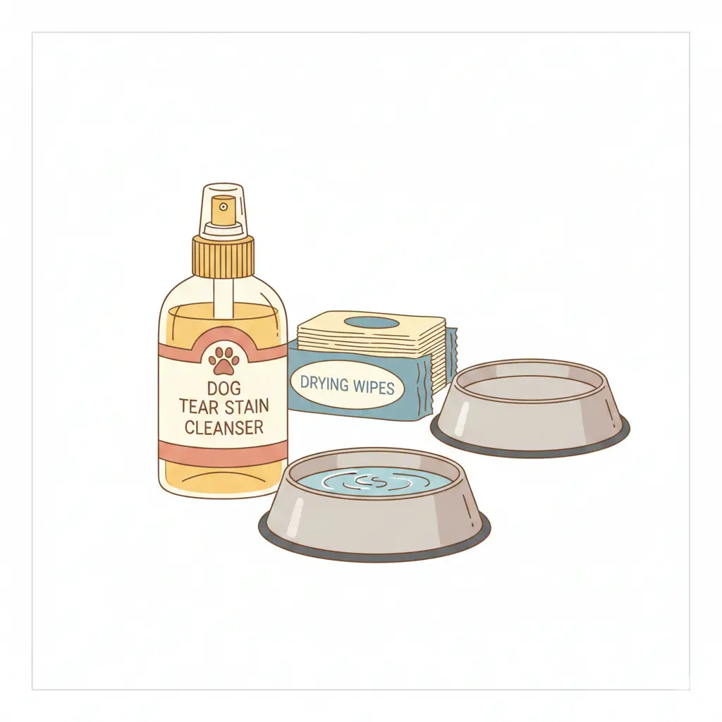강아지 눈물 자국 관리에 필요한 전용 클리너, 건조 티슈, 스테인리스 물그릇 세트 이미지