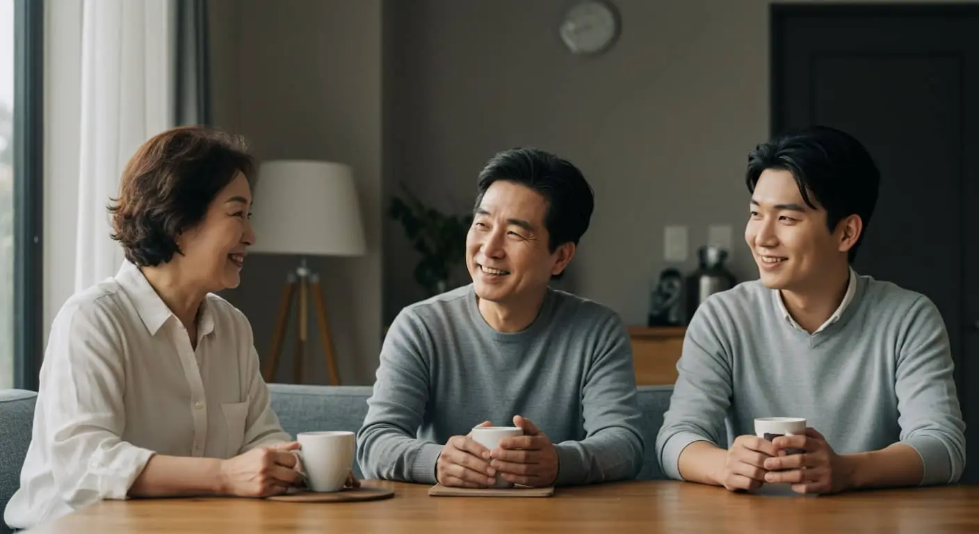 카페에 마주 앉아 따뜻한 눈빛으로 미소 짓는 부모와 성인 자녀의 모습: 이 이미지는 존중과 공감을 기반으로 한 성공적인 성인 자녀와의 소통 장면을 보여줍니다.