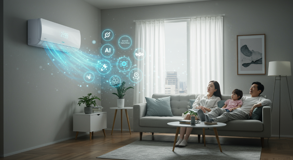2025년형 벽걸이 에어컨의 무풍, AI, 절전 기능 아이콘과 함께 시원한 실내에서 쉬고 있는 가족의 모습을 담은 이미지. 최신 에어컨의 편안하고 효율적인 사용 환경을 보여줌.
