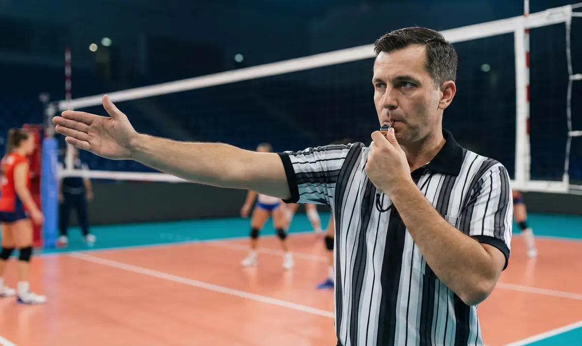 배구 심판이 휘슬을 불며 득점 신호를 보내는 모습과 선수들의 반응