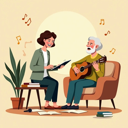 미소-짓는-여성-음악치료사와-편안한-표정으로-기타를-치는-노인