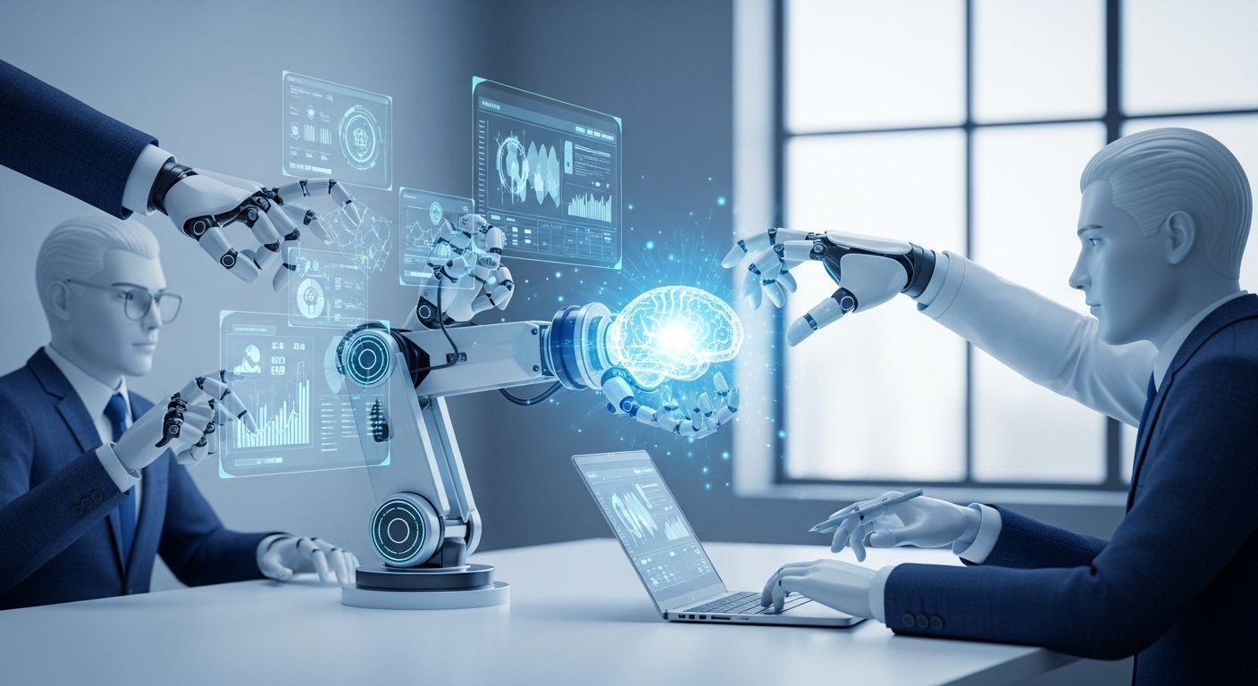 로봇 팔이 여러 작업을 동시에 처리하며 복잡한 목표를 달성하는 모습. ChatGPT 5.1의 다단계 작업 자율 수행 능력을 상징하는 이미지.